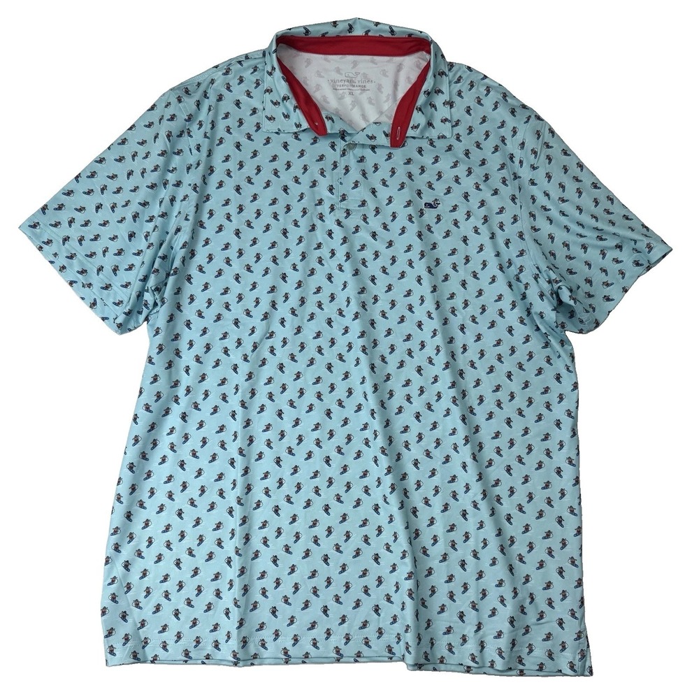 Vineyard Vines Mens Shirt Performance Polo Shirt Surfing Santa Blue Golf XL